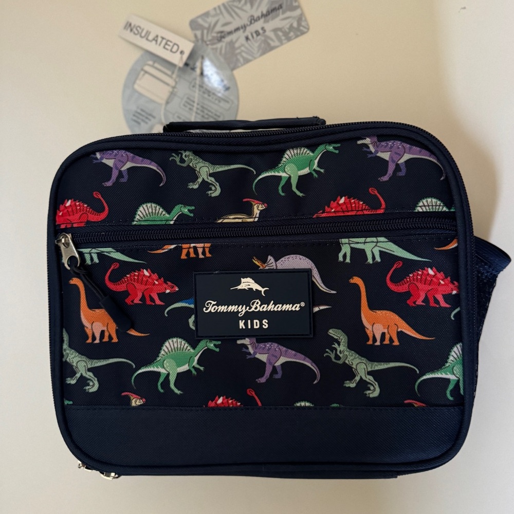 NEW Tommy Bahama Kids School Lunch Tote Blue Insulated Dinosaur Theme Zips